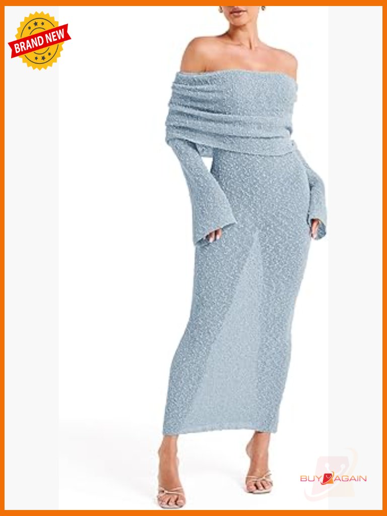 Off Shoulder Maxi Dress Long Bell Sleeve Sheer Bodycon Coverup